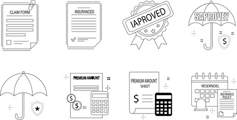 Comprehensive Set of Financial and Insurance Service Line Icons: Covering Protection, Policy, Investment, Approval, Documents, and Calculation Concepts.