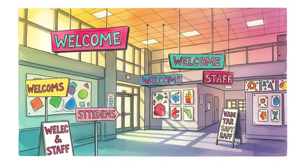 Cartoon illustration of a school entrance with welcome signs ai generated
