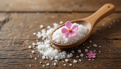 Wooden Spoon with Sea Salt and Flower.