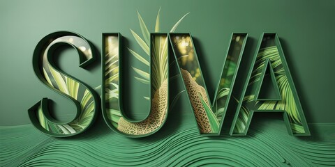 Tropical green SUVA text illustration with palm leaves, nature-inspired layered 3D typography on abstract wavy green background
