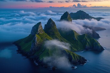 Aerial Drone Photography of Twilight at Pico Island Azores Portugal with Serene Peaks and Misty Clouds