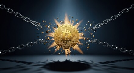 A golden Bitcoin coin exploding from chains with light rays, symbolizing cryptocurrency freedom, financial liberation, and digital currency growth