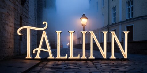 Tallinn Old Town Street at Night with Vintage Lamp, Foggy Atmosphere, Historic Architecture, Mysterious Cityscape