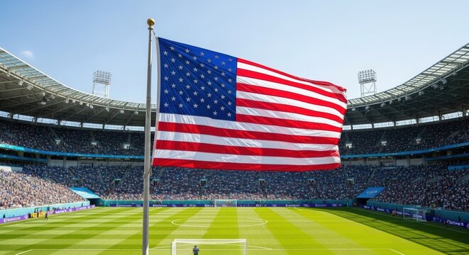 Large American flag flying prominently in a sunlit football stadium, symbolizing patriotism, sports, and national pride.