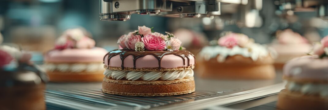 Delicate desserts are being crafted by machinery in a modern bakery during daylight hours