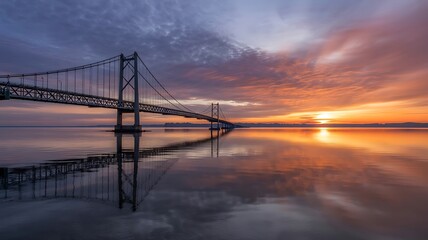 Obraz premium Stunning sunrise paints the sky over a majestic bridge reflecting on calm waters perfect for travel ads