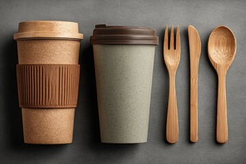 Reusable zero waste set of utensils and container on green background featuring wooden spoon, fork, tumbler with black lid and bottle