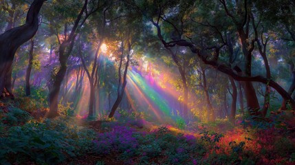 Enchanted Forest with Sunlight and Misty Atmosphere
