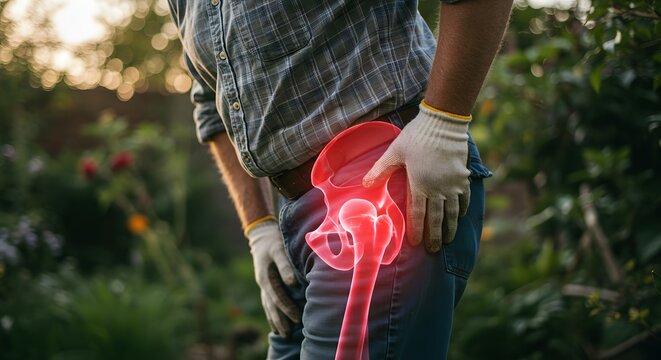 Person with hip pain, glowing anatomical skeleton highlights joint discomfort in an outdoor setting