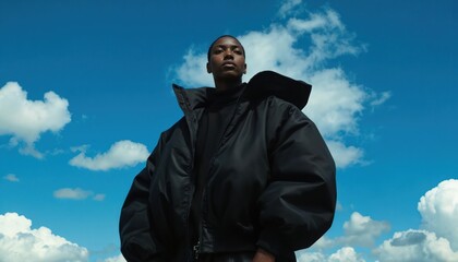 Young woman poses in oversized black puffer jacket against vibrant blue sky with fluffy white clouds. Low angle view emphasizes fashion outerwear, confidence, modern style. Outdoor portrait captures