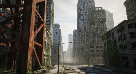 Fototapeta premium Conceptual digital scene of a ghost city with broken windows and rusted metal remains.
