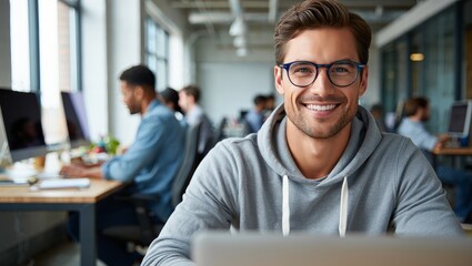Smiling Man in Glasses Looking at Camera in Bright Office