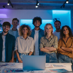 A group of people are smiling and posing for a photo in front of a laptop. Scene is happy and friendly, as everyone is smiling and looking at the camera