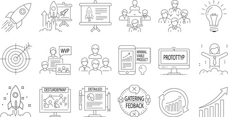 Startup & Business Development Vector Icons: Rocket Launch, Presentations, Teamwork, Idea, Target, MVP, Prototype & Growth