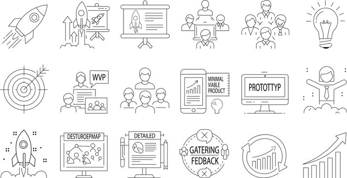 Startup & Business Development Vector Icons: Rocket Launch, Presentations, Teamwork, Idea, Target, MVP, Prototype & Growth
