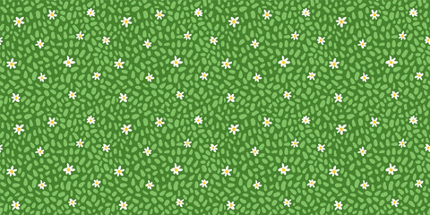 Materiał do szycia Vector seamless green grass with daisy flowers seamless pattern, abstract meadow, lawn texture background