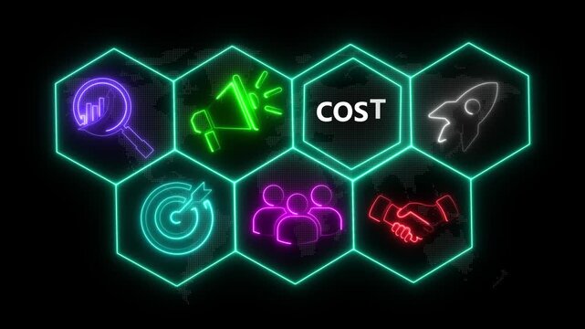 Neon line Cost Effective concept button on a futuristic computer screen. abstract technology background with rotating world map icon, Business, Technology, Internet and networking concept.