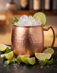 Refreshing Moscow Mule cocktail served in classic copper mug, brimming with crushed ice, garnished with fresh lime wedges, mint. Cold beverage perfect for summer parties, bar settings, offering zesty