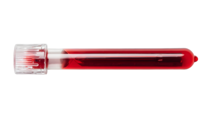 A horizontal view of a blood sample vial filled with red blood against a black background space view