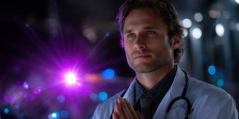 Medical professional in a lab focused on a bright light source during advanced research or experimentation