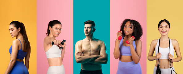 Five individuals of varying backgrounds engage in fitness activities, promoting a healthy lifestyle. Each person displays different athletic attire and fitness gear in a vibrant, colorful backdrop.