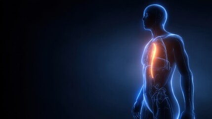 3D image of a human silhouette highlighting adrenal area with a fading glowing light symbolizing cortisol exhaustion.