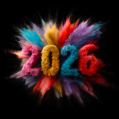 2026 colorful powder explosion on black background