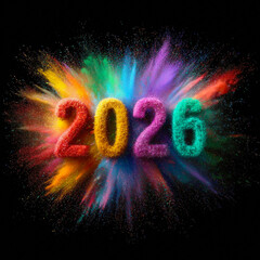 2026 colorful powder explosion on black background