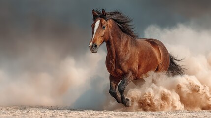 Obraz premium Majestic brown horse galloping through sandy terrain with a cloud of dust under a dramatic sky