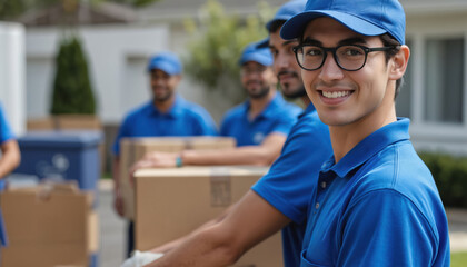 Team of smiling movers in blue uniforms carry boxes. Logistics experts provide customer service, support relocation, showcasing teamwork, cooperation. Professional men help with home moving services.