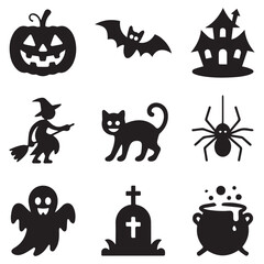 Collection of nine halloween icons including pumpkin, bat, haunted house, witch, cat, spider, ghost, tombstone, and cauldron isolated on white background, perfect for spooky designs