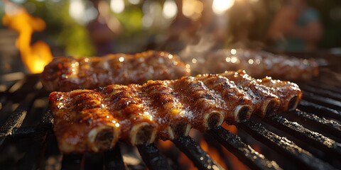 Juicy barbecue ribs grilling over an open flame at a backyard cookout during a sunny evening