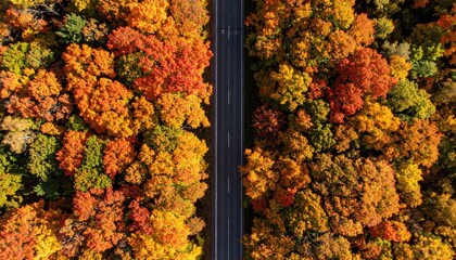 Straight road cutting through an autumn maple forest. Aerial top-down view, the road leads toward the horizon. Bright warm tones of fall leaves, minimal shadows.