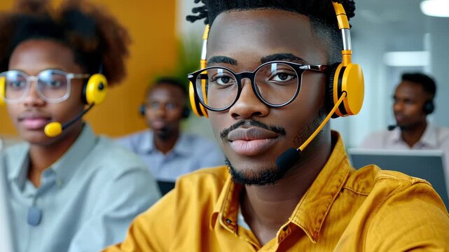 Cheerful Customer Service: A confident customer service representative with a yellow headset provides support in a modern office environment, promoting effective communication and client satisfaction.