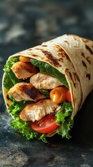 Grilled chicken wrap filled with fresh vegetables and herbs on a dark surface