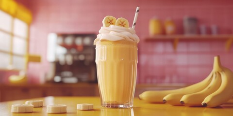 Delicious banana milkshake topped with whipped cream in a bright kitchen setting with fresh bananas on the counter