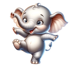 Playful Elephant Cub's Joyful Dance: A heartwarming illustration of a charming, cartoonish baby elephant dancing merrily, radiating happiness and innocence with its delightful expression.