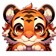 Cute Cartoon Tiger Cub: Adorable illustration of a charming tiger cub, with big eyes and a playful expression. A delightful portrait of a lovable creature.