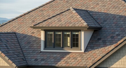 Obraz premium Patterned roofing tiles on residential house emphasizing dormer window element.