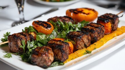 Juicy Grilled Skewers with Fresh Herbs and Grilled Fruit Garnish
