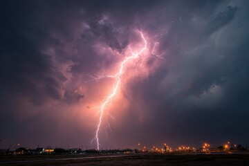 Spectacular lightning bolt striking down during a powerful thunderstorm in the nighttime sky over Arizona