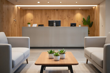 Fototapeta premium Two plush grey sofas flank a small wooden coffee table adorned with potted succulents.