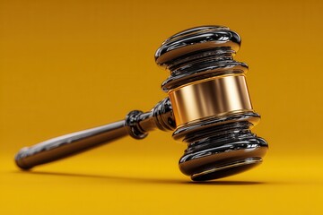 Judge's gavel made of black marble and gold resting on a black surface indicating court hearing or ruling and suggesting jurisprudence and judiciary