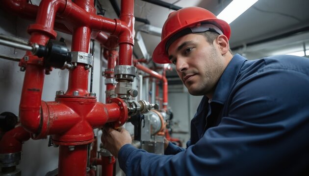 Plumber in red hard hat works on red pipes, part of fire suppression system in commercial building. Technician checks valves and gauges for proper pressure setting and adjustment. - Powered by Adobe