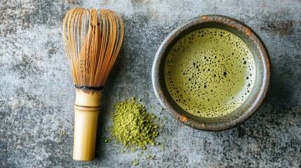 Matcha Tea Preparation with Whisk and Bowl on Rustic Surface