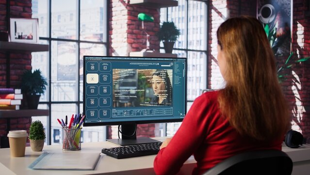 Technician employs AI chatbot on pc monitor and executing programming code. IT freelance expert using coding software and artificial intelligence to write and test code in her apartment. Camera B.
