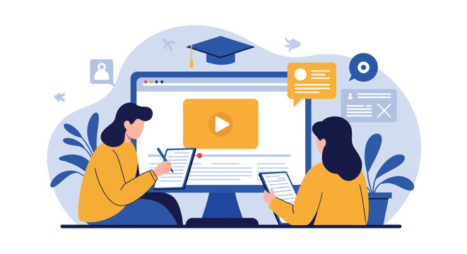 Online learning concept with people using digital devices for education