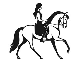 Elegant black and white silhouette of a girl riding a horse