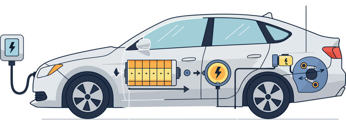 Electric car diagram: simplified hybrid vehicle charge and battery system