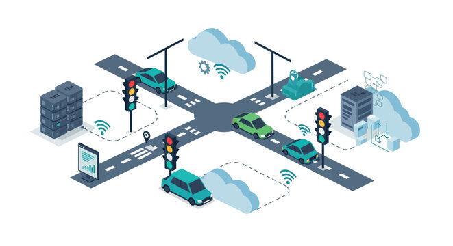 Isometric smart city intersection with connected cars and iot technology